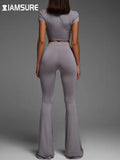 Yoga Basic Solid Pants Set Women Sporty Activewear Slim 2 Piece Sets Short Sleeve Cropped T Shirt High Waist Flare Pants-Outfit