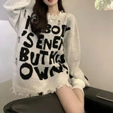 Clothing Letter Printed Sweaters Korean Loose Autumn Winter Stylish Frayed Casual Round Neck Knitted Long Sleeve Jumpers-Outfit