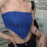 Women's Knit Bandeau Crop Tops, Strapless Sleeveless Solid Color Hanky Hem Tube Tops-Outfit