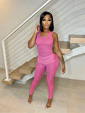Streetwear Womens 2 Two Peice Sets Outfits Sleeveless Ribbed Tank Top Skinny Pants Suits Black Gray Matching Sets