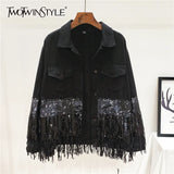 Black Casual Patchwork Jacket For Women Lapel Long Sleeve Sequin Tassel Jackets Female Fashion New Clothes