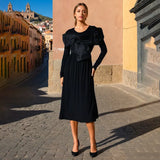 Temperament Dress Women 2025 Spring New Round Neck Mesh Stitching Design Black Long Sleeve Dress