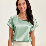 Summer Tops Woman Short Sleeve Silk Blouse Loose Casual O-Neck Solid Shirts Fashion Satin Clothing Elegant