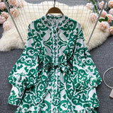 Designer Runway Dress Spring Autumn Women Long Lantern Sleeve Single Breasted Floral-Print Lace-Up Mini Dress