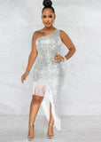 Sexy Sequins One Shoulder Sleeveless Fringe Tassels Irregular Cocktail Party