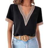 New Women's Dress Lace Lace V-Collar Solid Color Loose Blouse Temperament Commuter Short-Sleeved Shirt-Outfit