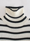 Women Autumn Fashion Casual Turtleneck Striped Jacquard Loose Knitted Pullover Winter Warm Long Sleeve Sweater Chic