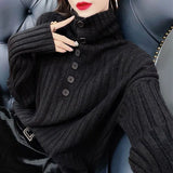 Autumn Winter Knitted Sweater Women's Clothing Solid Color Stylish Pile Collar Button Casual Long Sleeve Loose Jumpers