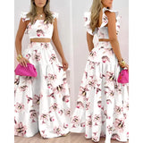 Top And Flower Print Colorblock Dress Two Piece