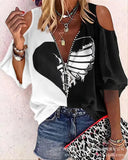 Loose Zipper Print Shirt Blouse Women Spring Summer Fashion V-neck Lantern Sleeve Shirts For Women Sexy Off Shoulder Top-Outfit