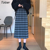 Korean Plaid Midi Skirt Women 2023 Spring Autumn High Waist Split One-step Skirts Woman Harajuku Students Long