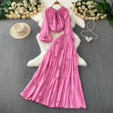 Style Pink Three-Dimensional Flower Collar Lantern Sleeve Shirt Lady Autumn High-Rise Dress