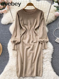 Women Autumn French Knitted Dress O Neck Long Sleeve Sheath Dress Office Lady Fashion Solid Mid Long Sweater