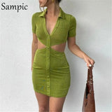 Fashion Women Turn Dow Collar Bodycon Short Sleeve Mini Blouse Dress Summer Party 2021 Cut Out Wrap Club Black