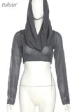 Spring Sexy Solid Pullover Hoodies Club Outfit For Women 2023 Long Sleeve Hooded Crop Top Female Black Knit