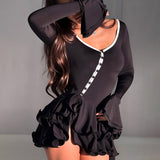 Women's Clothing 2025 Summer New Horn Sleeves Low-Chested Sexy Hottie Button