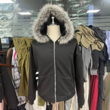 Selling Vintage Fur Collar Couple Hooded Zip Open-Air Jacket Oversize Design Niche