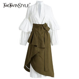 Elegant Patchwork Ruffle Set For Women Stand Collar Long Sleeve Shirt Asymmetrical Skirts Female Sets 2022