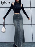 Retro Classic All-Match Vitality Casual Commuter Outing Tight Sexy White Irregular Women'S Long Denim Skirt Girl Cool-Outfit