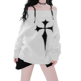 Desire Minority Cross Rivet Bare Shoulder Thin Knitted Sweater New Sexy Hot Girls Loose Blouse For Spring And Autumn-Outfit
