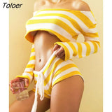 Knit Stripe Crop Top Shorts Suits Women Long Sleeves Top Drawstring Shorts 2 Two Piece Set Sweater 2023 Beach Holiday 425-0-Outfit