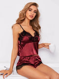 Sexy Satin With Lace Vest And Shorts Pajama Lingerie
