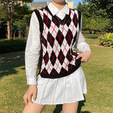 Argyle Knitted Sweater Vintage V Neck Sleeveless Casual Vest Y2K Pullover Women 2020 Sweater vest, knitted sweater,