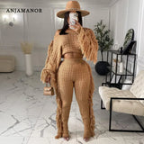 Tassel Knitted Sweater Sexy Two Piece Set Matching Pants Sets Fashion Winter Outfits for Women 2021 Wholesale