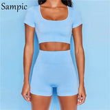Summer 2021 Sport Women Short Sleeve Set Skinny Yellow Tracksuit Casual Tops And Biker High Waisted Shorts Two Piece