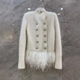Temperament Patchwork Feather Coat For Women Stand Collar Long Sleeve Casual White Jackets Female Fashion New
