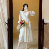 Party Sannian Women Dress 2022 Autumn New Retro Lace Hollow V-Neck Long-Sleeved Waist Thin Temperament Mid-Length Dress Women