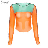 mesh see through long sleeve o-neck crop top striped patchwork asymmetry club party wear t shirts elastic fashion