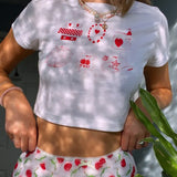 White Cute O-Neck Short Sleeves Printed Short Crop