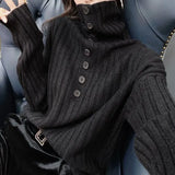 Autumn Winter Knitted Sweater Women's Clothing Solid Color Stylish Pile Collar Button Casual Long Sleeve Loose Jumpers