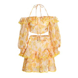 TWOTWINSTYLE Summer Two Piece Set Womens Slash Neck Long Sleeve Tops High Waist A Line Mini Skirts Print Sets Female Clothes