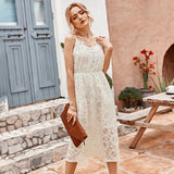 New Women Sexy V Neck Elegant White Lace Dresses Backless Hollow Out Summer Long Dresses Female Collect waist