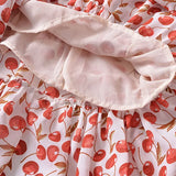 Retro French style Summer Cherry Print Midi Sling Dress Sexy Women Spliced Lace V neck Ruffles Hem Package Hips Long Robe-Outfit