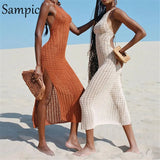 Casual Summer Beach 2021 Knitted Cotton White Women Midi Slit Dress Bodycon Halter See Through Hollow Out Chic Wrap