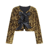 Women's 2025 Spring 2025 New V-Neck Bow Ornament Party Lien Slide Short Jacket
