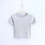 Wood ears O neck Short sleeve T-shirt 2023 New Woman Slim Fit t shirt tight tee Summer Retro Tops 6 colors-Outfit