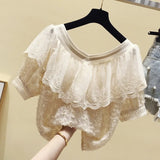Lace Blouse Women New Short Sleeve Ruffle Stitching Chiffon Shirt V-neck Slim Sweet Solid Korean Chic Tassel Tops