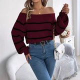 Shooting 2025 Autumn And Winter Casual Striped Out-The-Shoulder Lantern Sleeve Head Sweater Women's