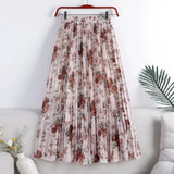 Summer Chiffon Beach Boho Maxi Women Skirt High Waist Floral Print Vintage Holiday Ruched Long Fashion Skirts