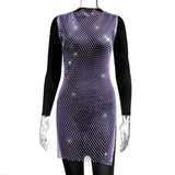 Toloer Women's Mesh Flash Diamond Round Collar Dress