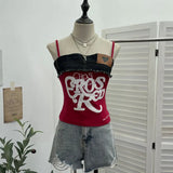 Design-Sensitive Edge Denim Spliced Letter Embroidered Sling Sling Vest T-Girls Short Top