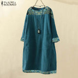 Autumn Corduroy Dress ZANZEA Women Floral Printed Long Sleeve Sundress Casual Loose Long Tops Blusas Knee-length