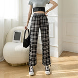 Wide Leg Plaid Women's Pants High Elastic Waist Slim Drawstring Female Trousers 2021 Spring Summer Fashion Retro