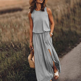 2025 Summer Women's Fashion Trend Retro Round-Neck Sleeveless Forked Solid Color Two-Piece