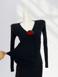 Toloer New Hand Hook Stereo Rose Knit Sweater Female Autumn Temperament Shows Thin V Collar Black Bottom
