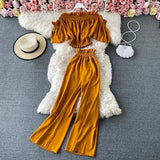 Summer Green/Black/Red Two Piece Set Women Sexy Slash Neck Short Tops + High Waist Wide Leg Pants Female Suit New